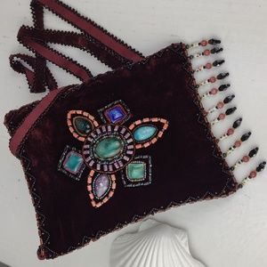 Vintage Style Plum Velvet Beaded & Stone Feature Boho Gypsy Crossbody Mini Bag